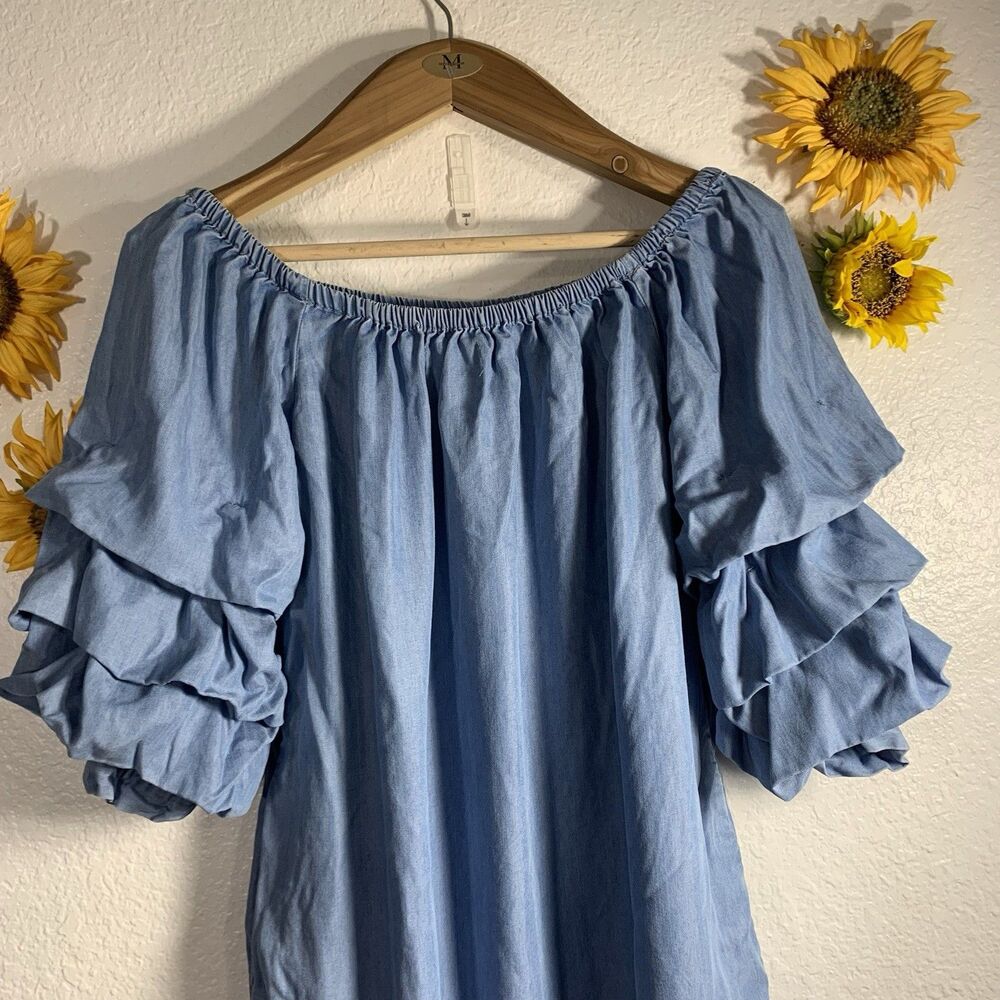 Zara Woman Blue Denim Ruffle Tiered Sleeve Short Off The Shoulder Dress Size XS - Picture 3 of 9